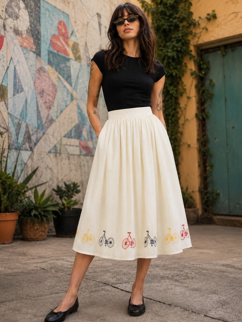 Tulip B Ivory Bicycle Embroidered Midi Skirt Size S NWT Pockets Lined